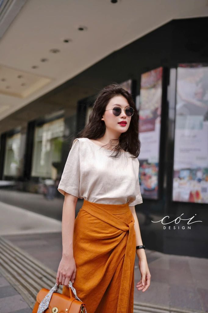 Chân váy xếp ly phối dây linen tưng premium Cói Design
