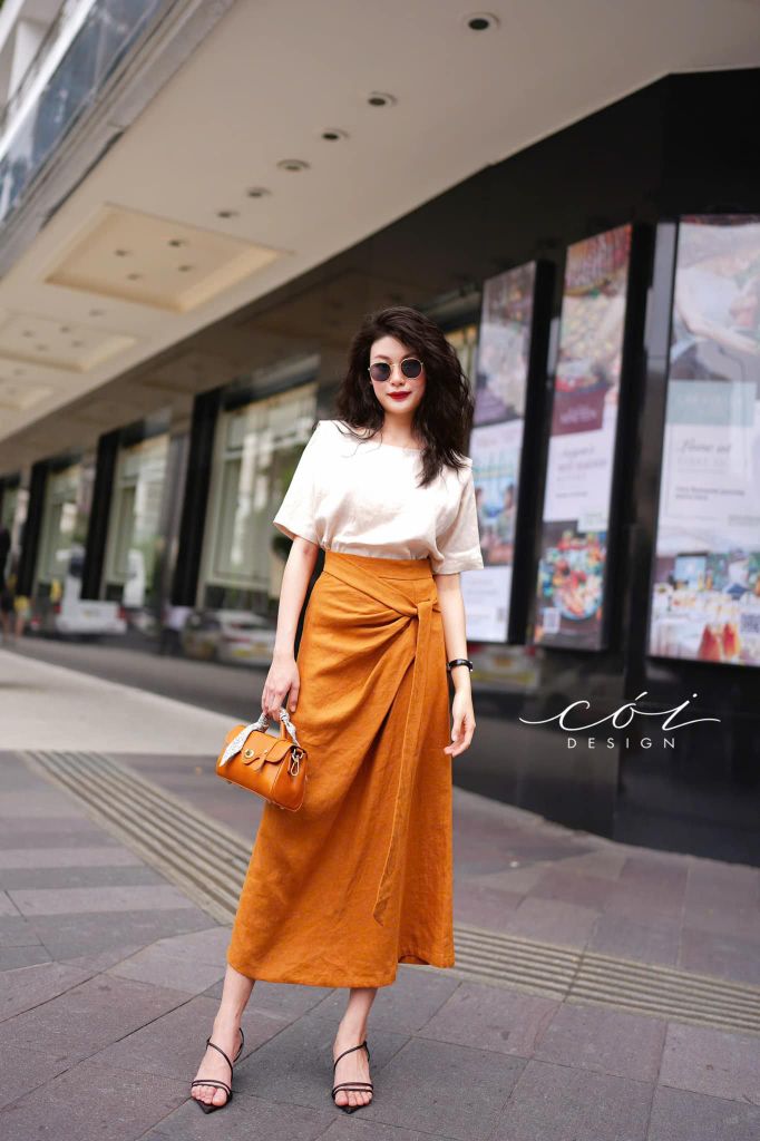 Chân váy xếp ly phối dây linen tưng premium Cói Design