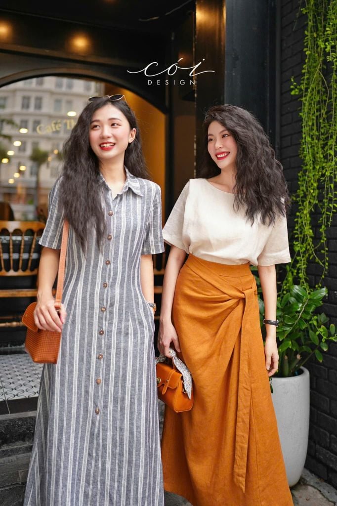 Chân váy xếp ly phối dây linen tưng premium Cói Design