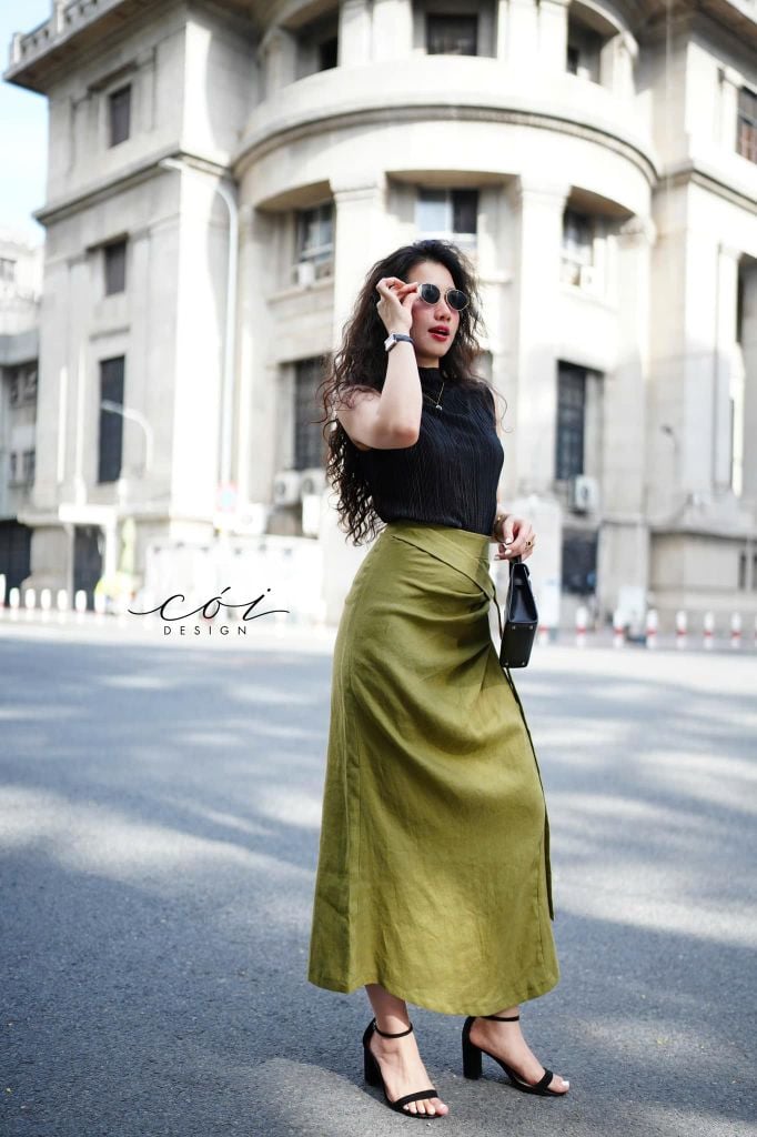 Chân váy xếp ly phối dây linen tưng premium Cói Design
