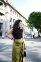 Chân váy xếp ly phối dây linen tưng premium Cói Design