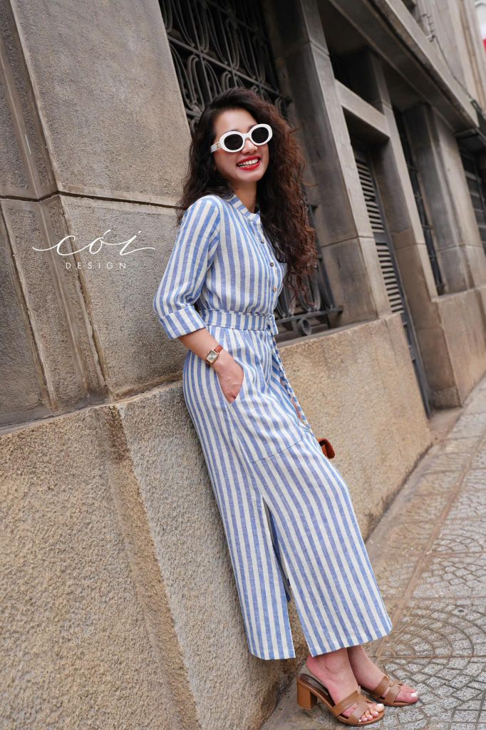 Đầm cổ trụ tay dài kèm belt Linen Hàn Cói Design