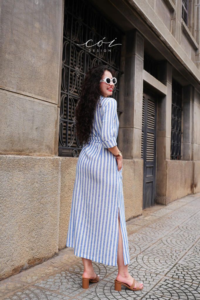 Đầm cổ trụ tay dài kèm belt Linen Hàn Cói Design