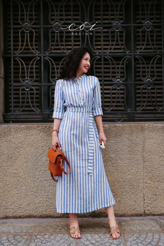 Đầm cổ trụ tay dài kèm belt Linen Hàn Cói Design
