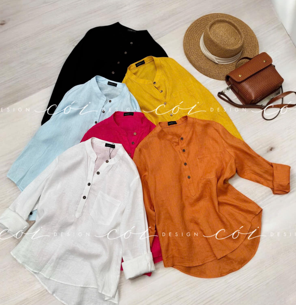 Áo cổ trụ lệch vạt tay dài Linen tưng premium Cói Design