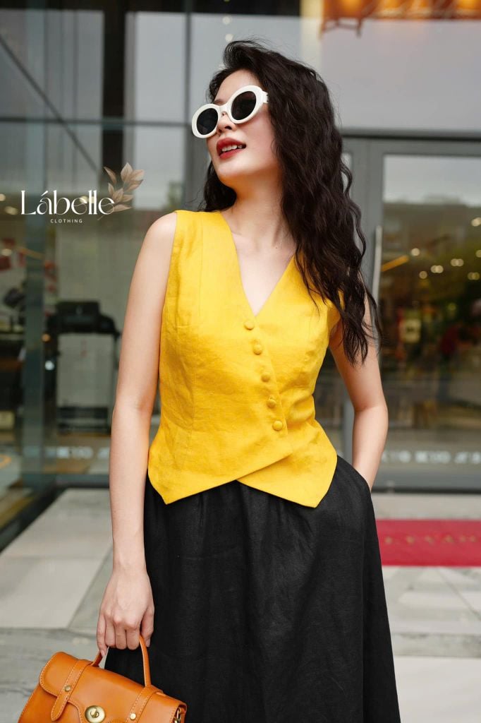 Áo Gile Nút Bọc Linen tưng premium Lá Belle
