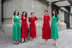 Đầm cổ tim tay phồng Linen tưng premium Cói Design