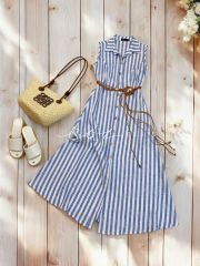 Đầm sọc cổ sơ mi Linen hàn Cói Design