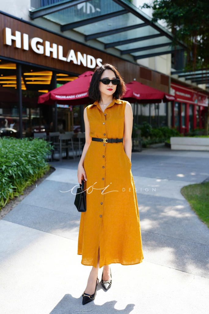 Đầm sát nách cổ sơ mi Linen tưng premium Cói Design