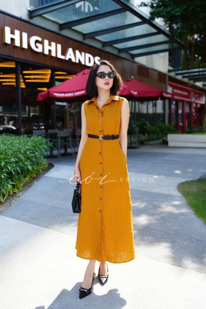 Đầm sát nách cổ sơ mi Linen tưng premium Cói Design