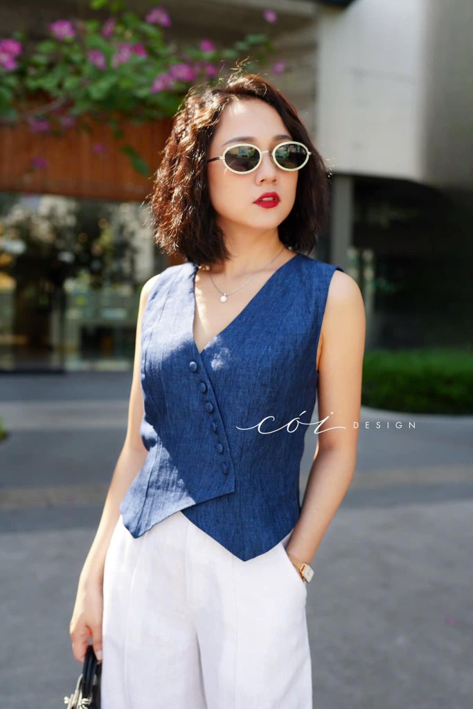 Áo gile nút bọc Linen tưng premium Cói Design
