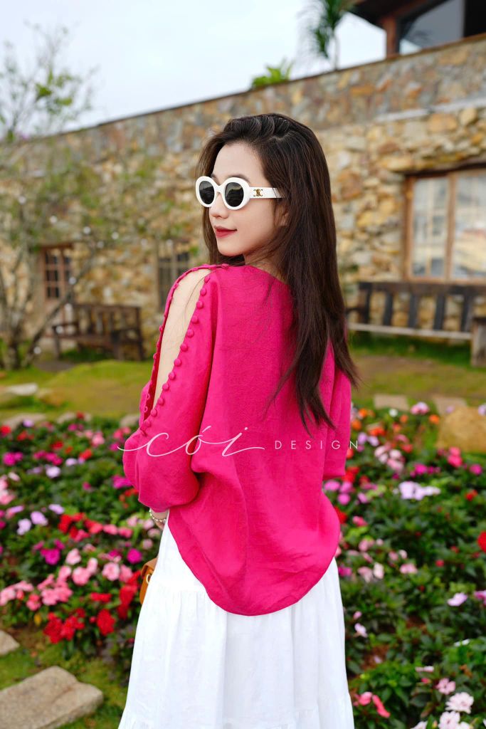 Áo nút bọc xẻ vai linen tưng premium Cói Design