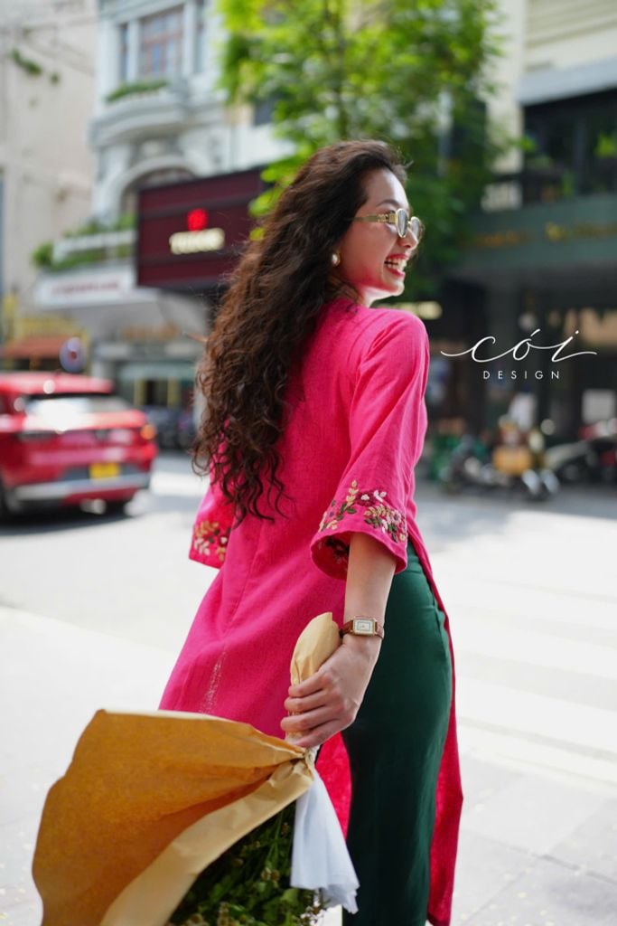 Set áo dài thêu tay Song Hoa Linen kèm quần suông Cói Design