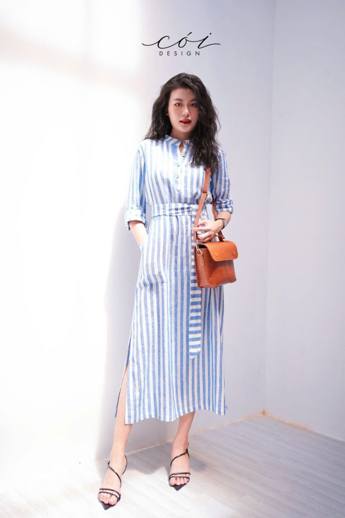 Đầm cổ trụ tay dài kèm belt Linen Hàn Cói Design