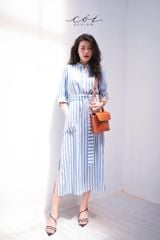 Đầm cổ trụ tay dài kèm belt Linen Hàn Cói Design