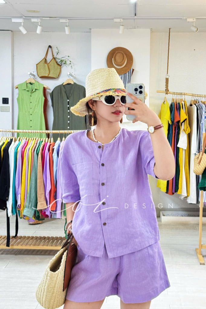 Áo cổ tròn tay xếp linen tưng premium Cói Design