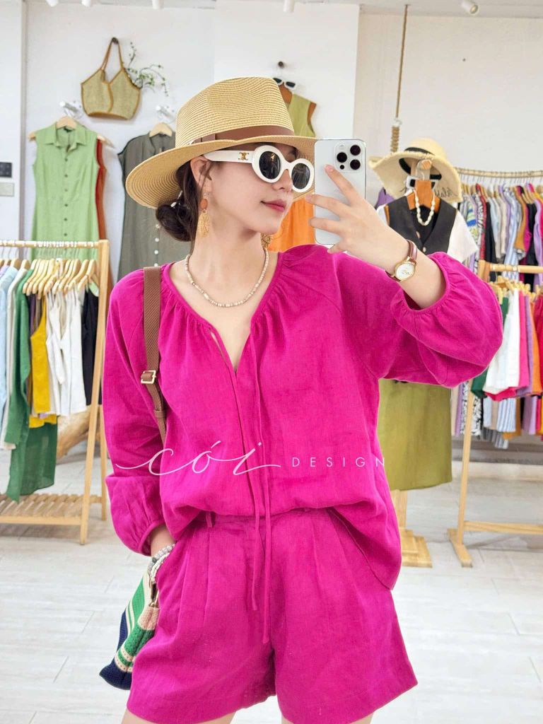Áo cổ tim xếp nhún tay phồng Linen tưng premium Cói Design