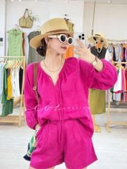 Áo cổ tim xếp nhún tay phồng Linen tưng premium Cói Design