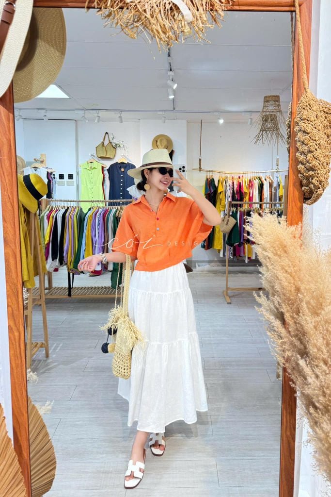 Áo sơ mi nút bọc tay liền Linen tưng premium Cói Design