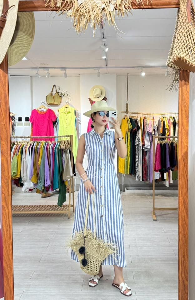 Đầm sọc cổ sơ mi linen hàn Cói Design