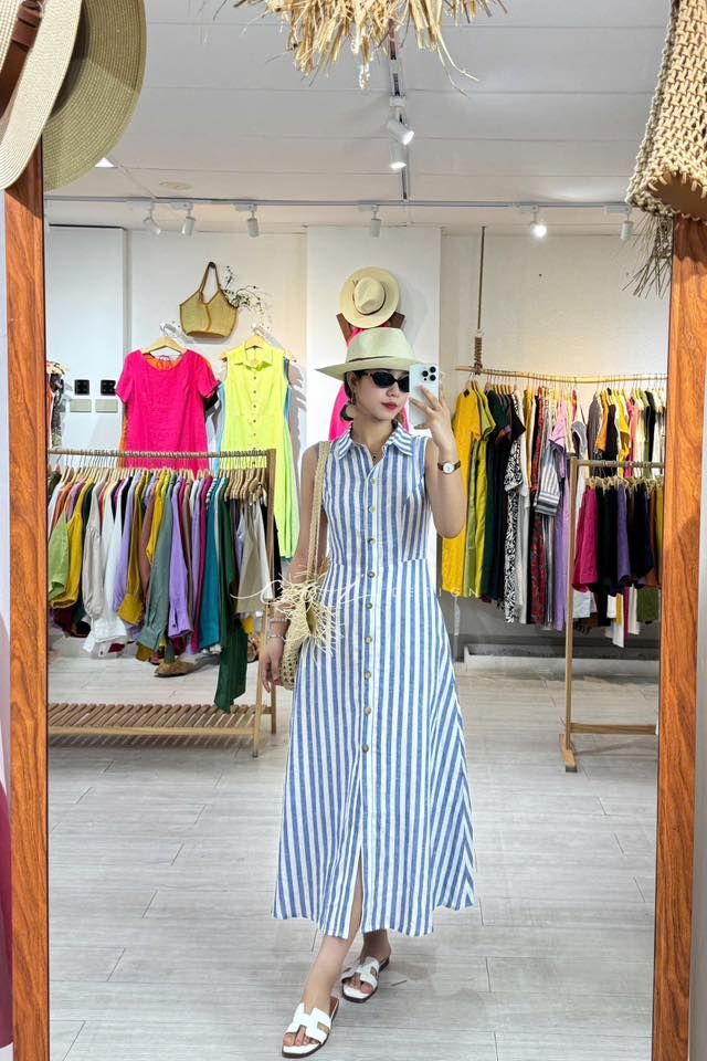 Đầm sọc cổ sơ mi Linen hàn Cói Design