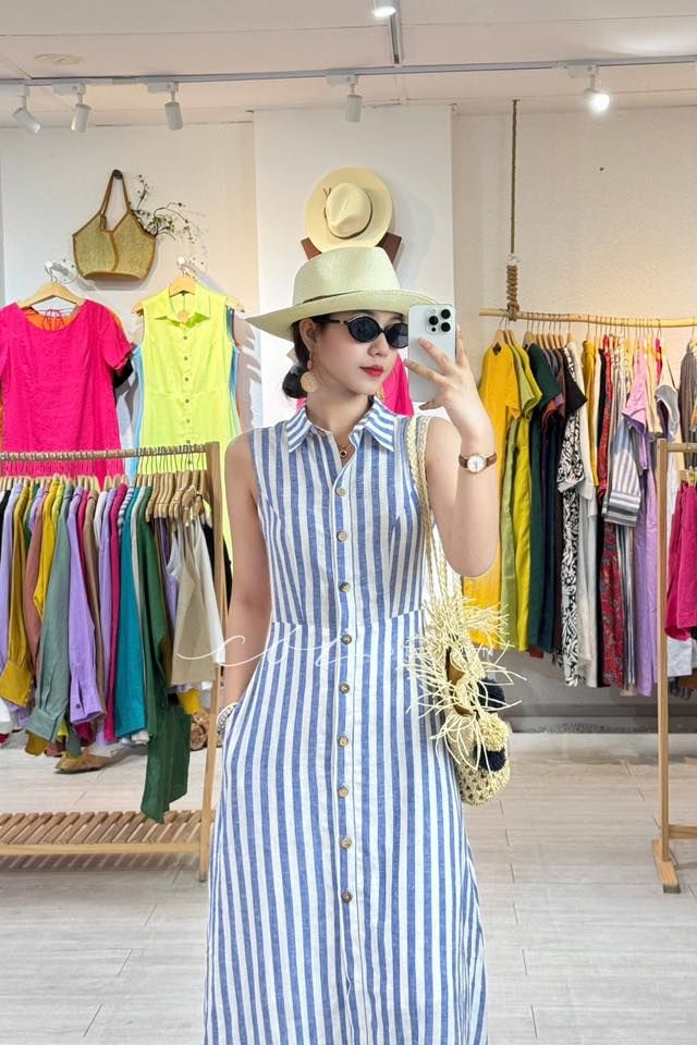 Đầm sọc cổ sơ mi Linen hàn Cói Design