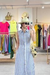 Đầm sọc cổ sơ mi Linen hàn Cói Design