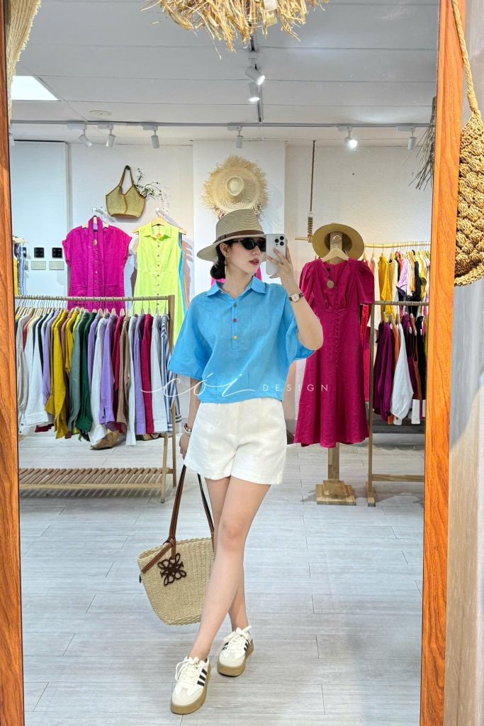 Áo sơ mi nút bọc tay liền linen tưng Cói Design