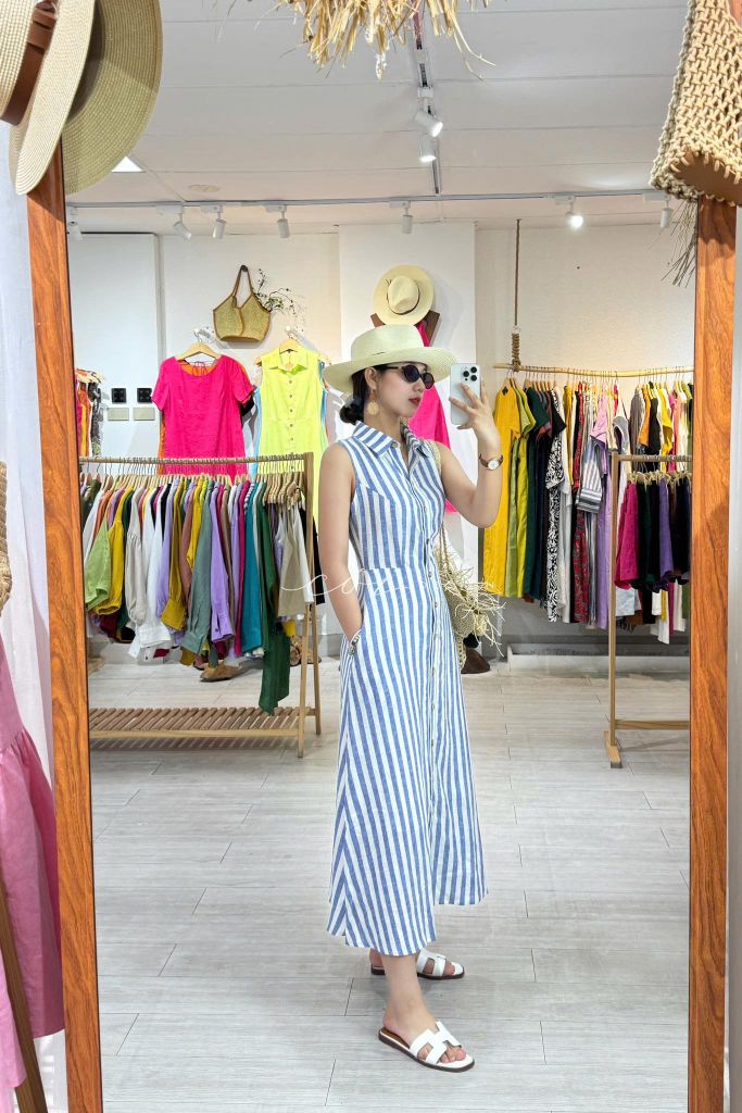 Đầm sọc cổ sơ mi Linen hàn Cói Design