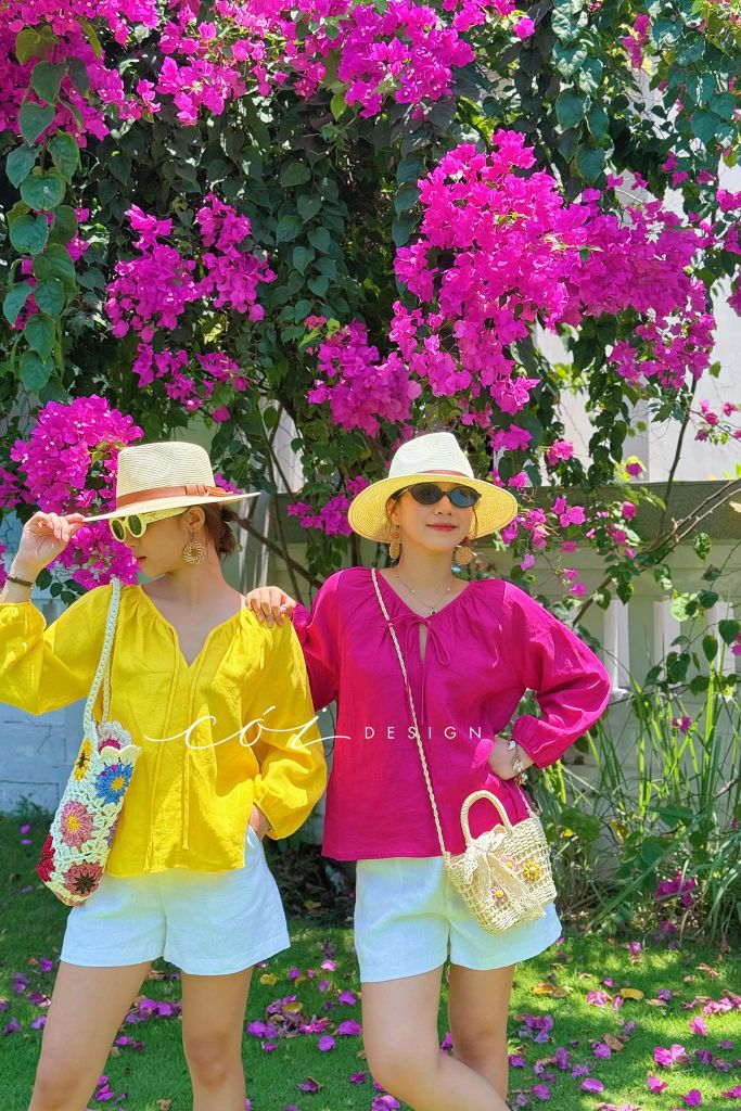 Áo cổ tim xếp nhún tay phồng Linen tưng premium Cói Design