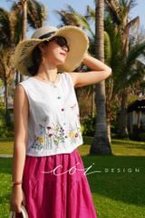 Áo sát nách nút bọc Thêu hoa Linen tưng premium Cói Design