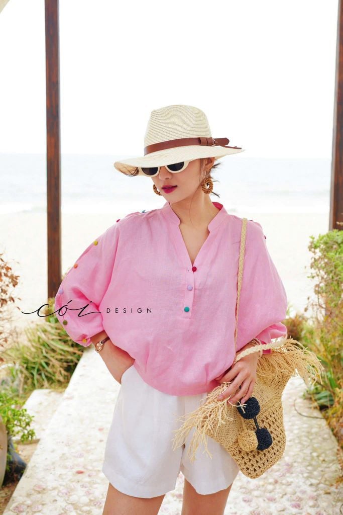 Áo cổ trụ 19 nút bọc màu Linen tưng premium Cói Design