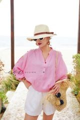 Áo cổ trụ 19 nút bọc màu Linen tưng premium Cói Design
