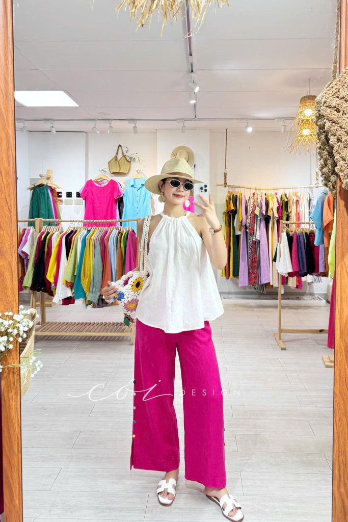 Quần suông nút bọc màu Linen tưng premium Cói Design