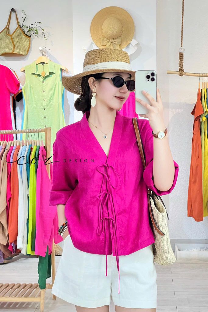 Áo cổ nhật phối dây Linen tưng premium Cói Design