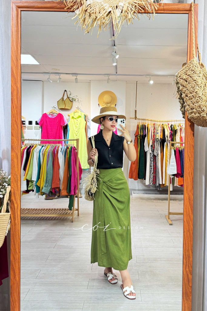Chân váy xếp ly phối dây linen tưng premium Cói Design
