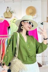 Áo cổ trụ 19 nút bọc màu Linen tưng premium Cói Design