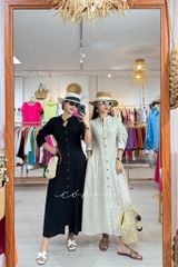 Đầm cổ trụ xếp ly eo Linen Hàn Cói Design