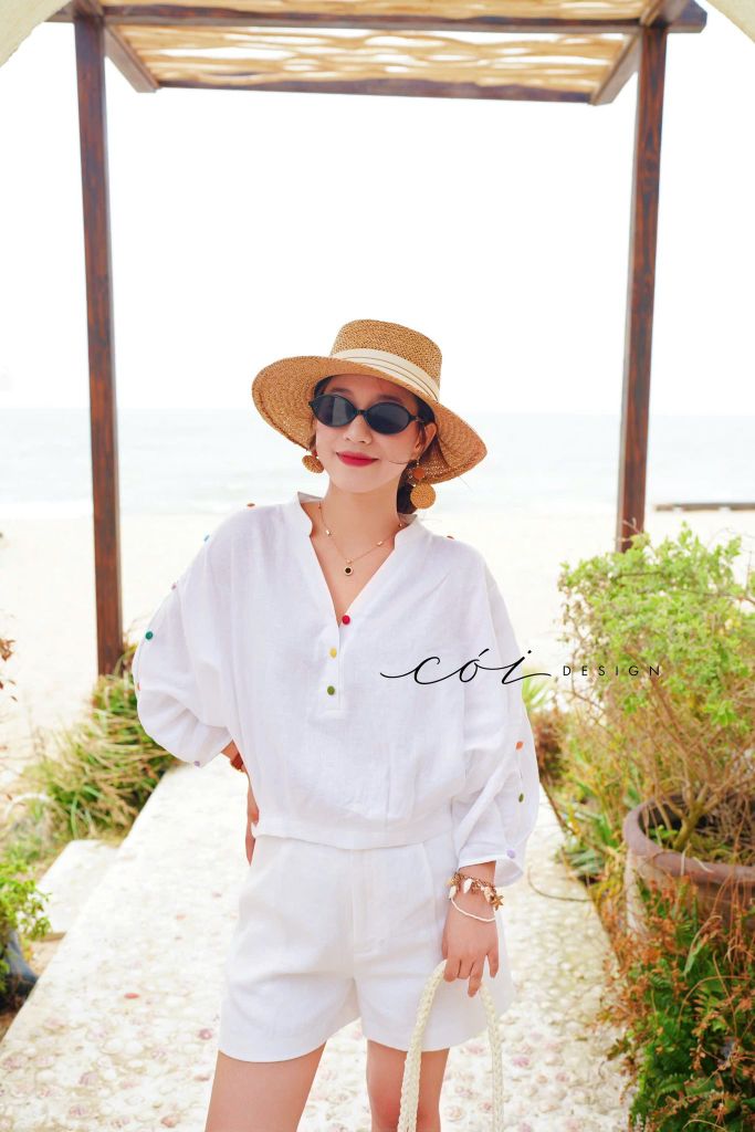 Áo cổ trụ 19 nút bọc màu Linen tưng premium Cói Design