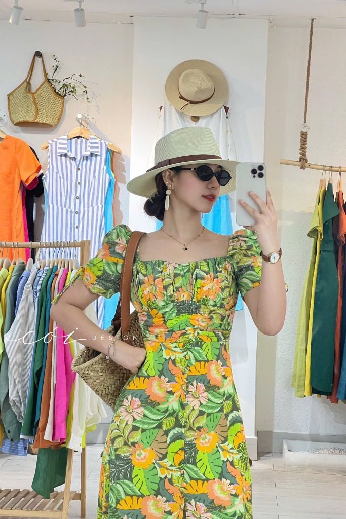Đầm nhún ngực xẻ tà linen hàn Cói Design