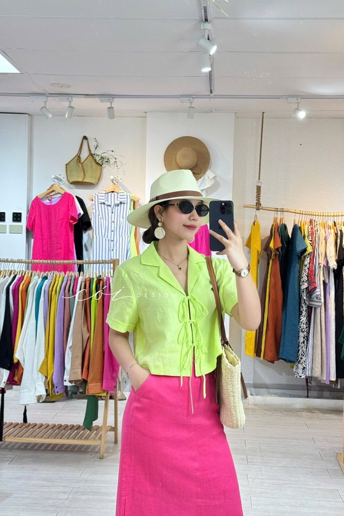 Áo danton thắt nơ linen tưng premium Cói Design