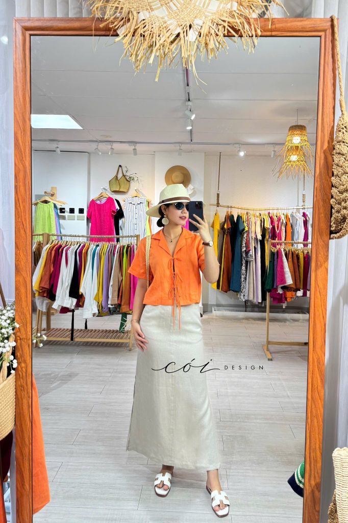 Áo danton thắt nơ linen tưng premium Cói Design