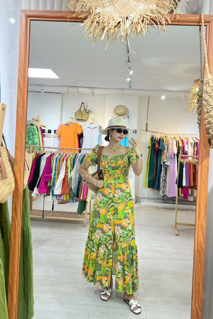 Đầm nhún ngực xẻ tà linen hàn Cói Design