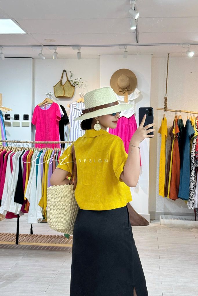 Áo danton thắt nơ linen tưng premium Cói Design