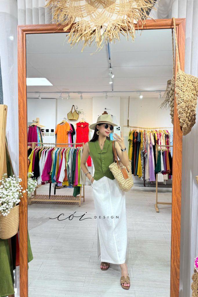 Áo gile cổ cánh én Linen tưng premium Cói Design