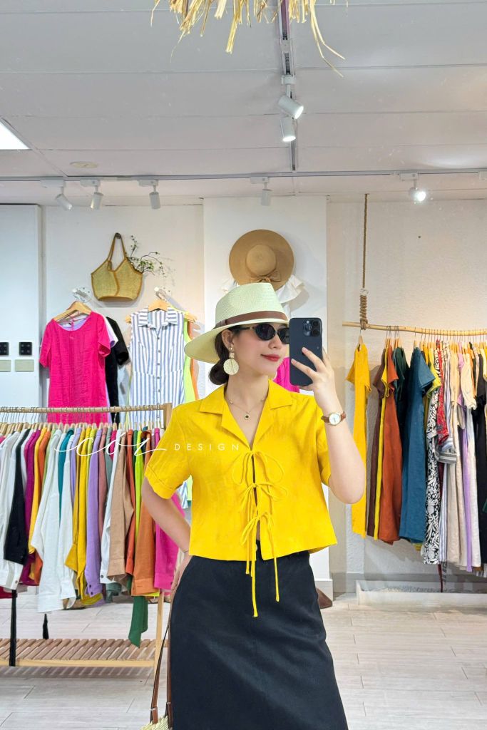 Áo danton thắt nơ linen tưng premium Cói Design