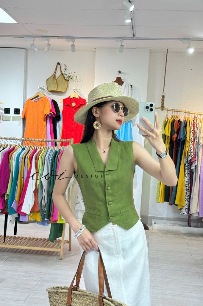 Áo gile cổ cánh én Linen tưng premium Cói Design
