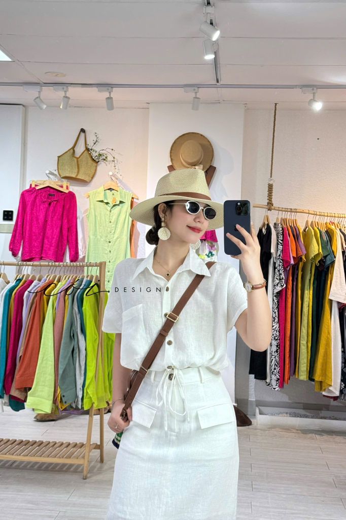 Áo sơ mi croptop rút dây linen tưng Cói Design