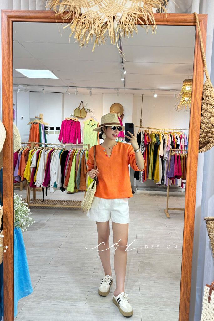 Áo cổ V tay dài nút bọc linen tưng premium Cói Design