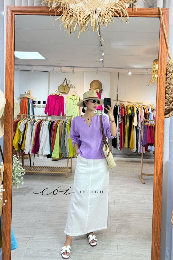 Áo cổ V tay dài nút bọc linen tưng premium Cói Design